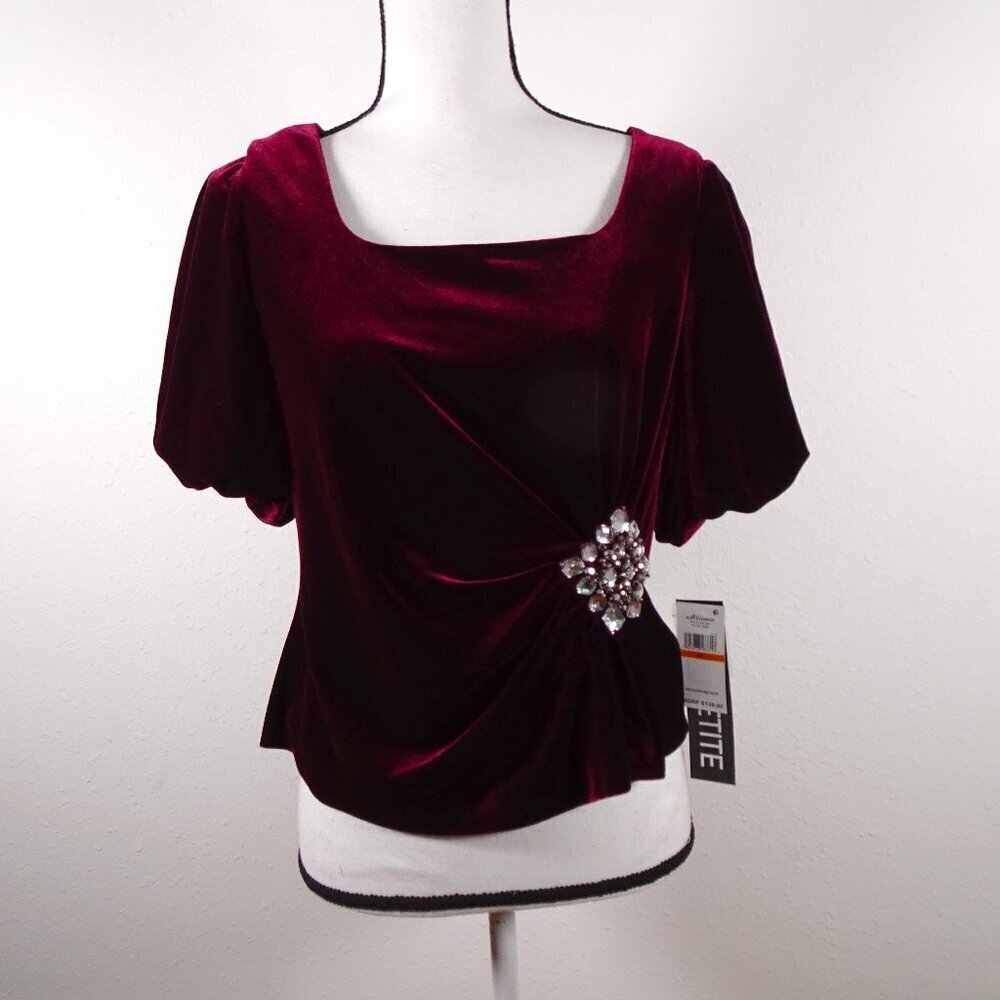 Alex Evenings Velvet Top Women's Petite Size SP Red Burgundy Cocktail Formal
